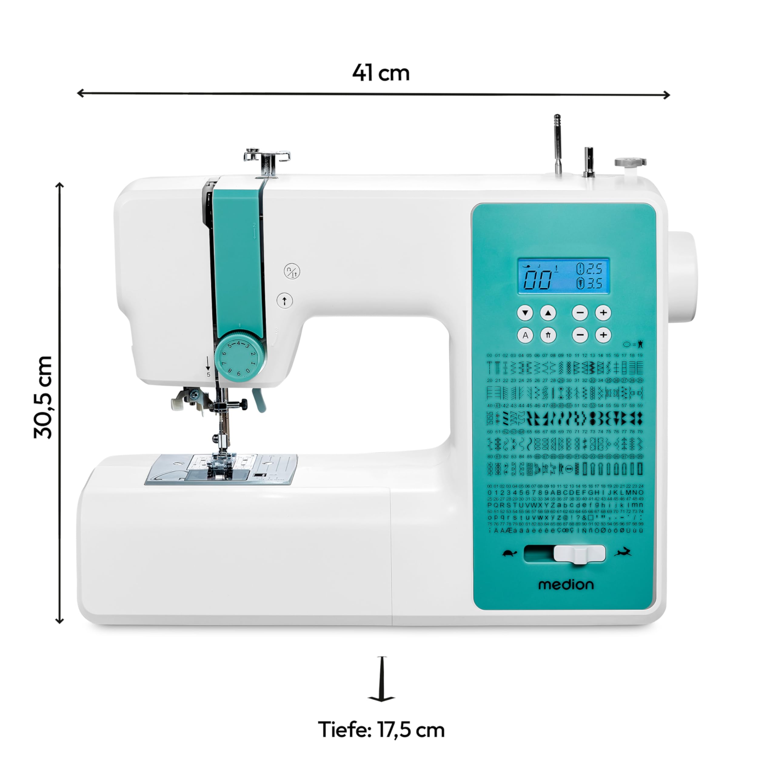 MEDION Digitale Nähmaschine SD36 (36 Watt, einstellbare Stichlänge und Stichbreite, 270 Stichmuster, LED Nählicht, automatischer Einfädler, Fußpedal, Rückwärtstaste, Fadenschneider, MD11881) türkis