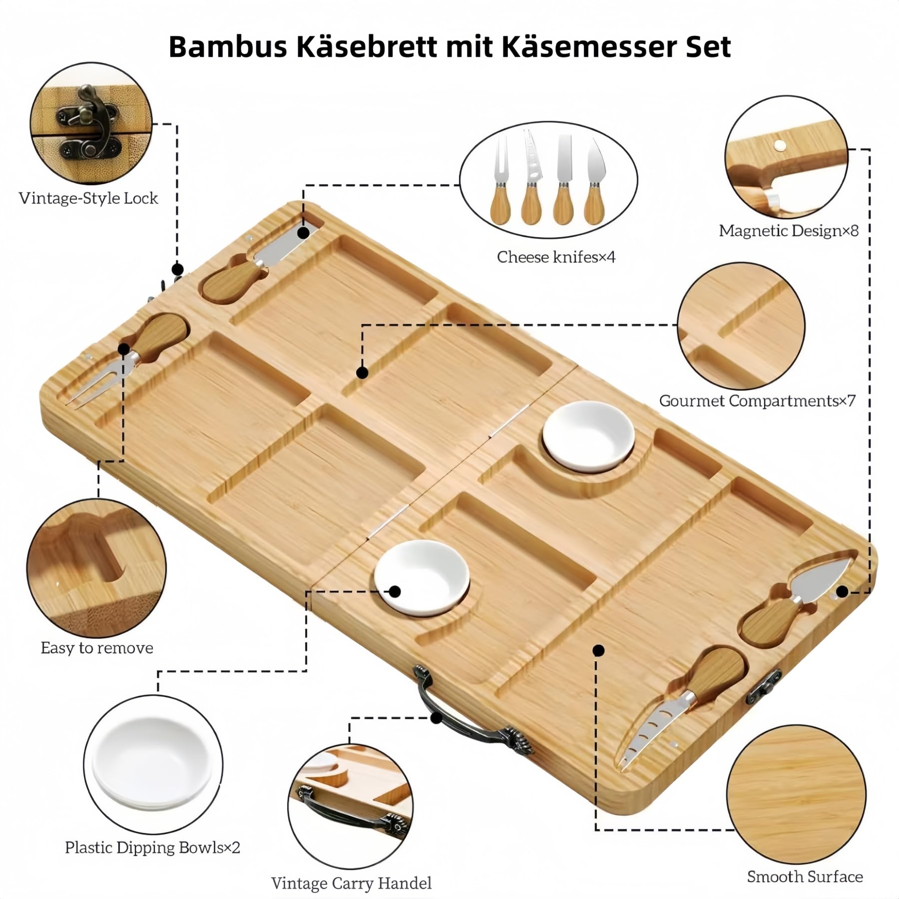Käsebrett mit Käsemesser Set Tragbare Servierbrett mit Handgriff aus 100% Bambus, 2 in 1 klappbare Käseplatte & Schneidbrett, Charcuterie Snacktablett ideal für Hauswärme Geschenke - 29 x 29cm