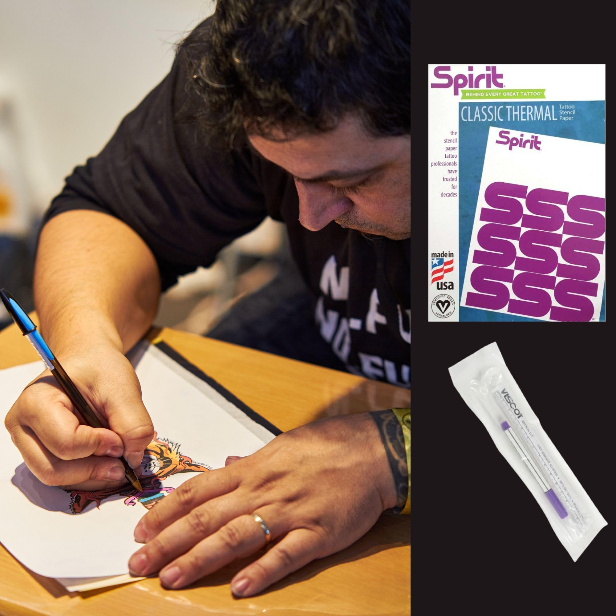 Spirit Tattoo Transfer Paper Bundle – 100 fogli A4 Spirit Classic Purple Thermal Copier Hectograph Paper (21,6 x 27,9 cm) con Viscot Sterile Surgical Skin Marker incluso