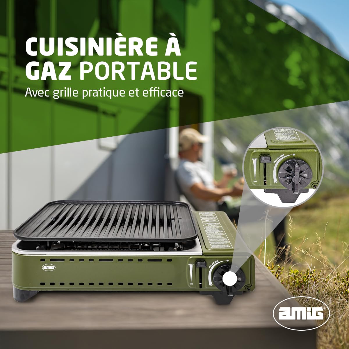 Amig - Réchaud a Gaz BBQ01K, Cuisine Portable, Kit Réchaud Grill - Grille en Fonte d'Aluminium et Plancha avec Couvercle de Cuisson, Plateau Ramasse-Graisse en Acier Inoxydable, 1,8 kW
