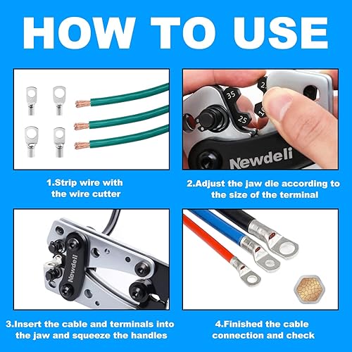 Miniatura 5 de Newdeli Herramienta de prensado de terminales de cable de batería 10-10 AWG con 60 terminales de anillo de cobre, juego de terminales de cable de 8