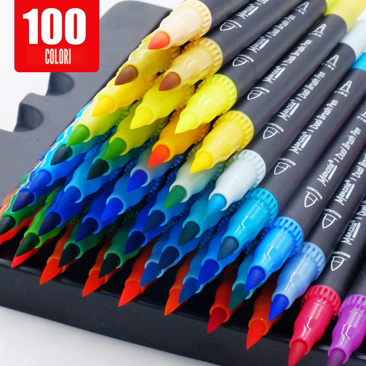 mancola 100 Colori Pennarelli Punta Fine per Acquerello, Pennarelli Doppia Punta per Adulti e Brush Pen Lettering per Colorare, Disegnare Journaling e Calligrafia, Disegno, Pittura