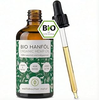 Bio Hanföl für Hunde und Katzen 100ml I 100% Natürlich und Kaltgepresst - Unterstützung für Fell & Haut durch Omega 3-6-9, Beruhigungsmittel für Hunde - DE-ÖKO-060