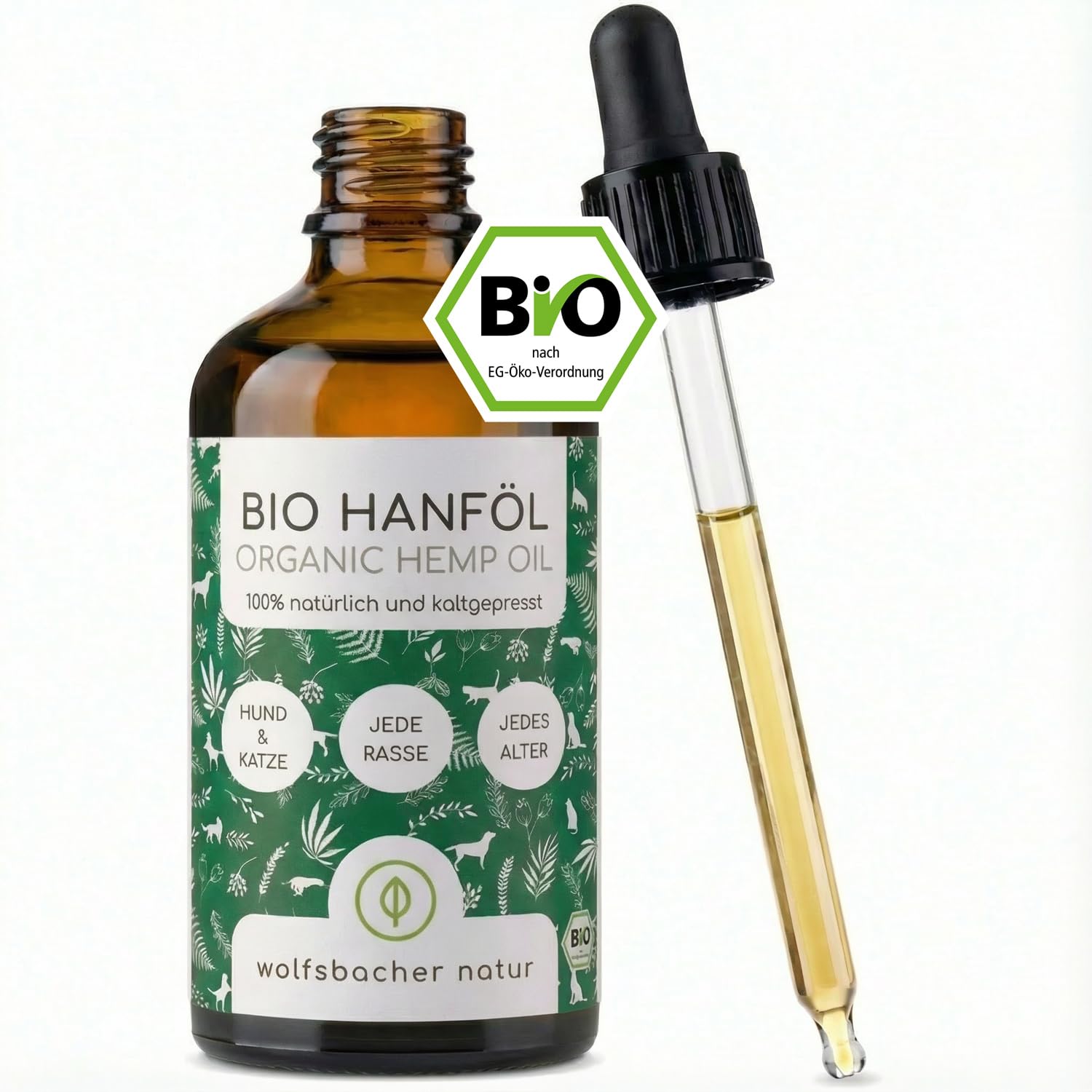 Olej konopny BIO dla psów i kotów 50ml I 100% naturalny, tłoczony na zimno - wsparcie sierści i skóry dzięki Omega 3-6-9, środek uspokajający dla psów - DE-ÖKO-060