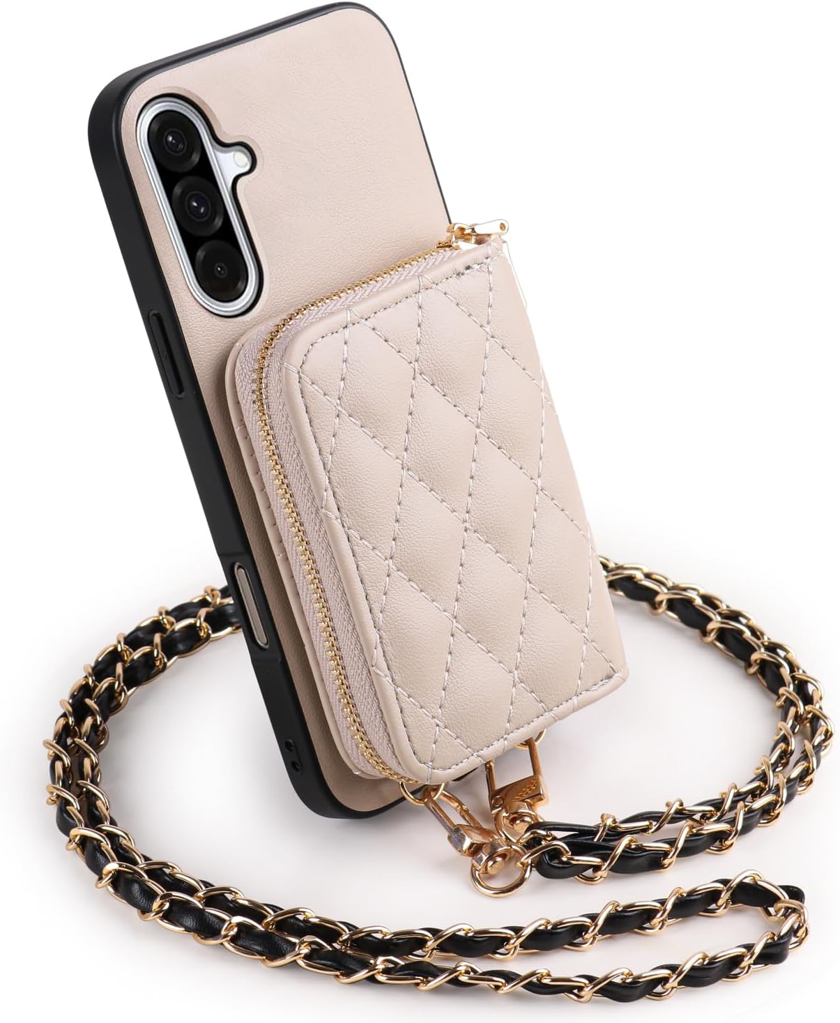 Argyle Wallet Cover for Samsung Galaxy A15 5G/4G & Tempered Glass Screen Protector Shoulder Strap, Luxury PU Leather Zipper Organ Card Holder Stand Phone Case for A 15 G5 15A Women Girls Khaki