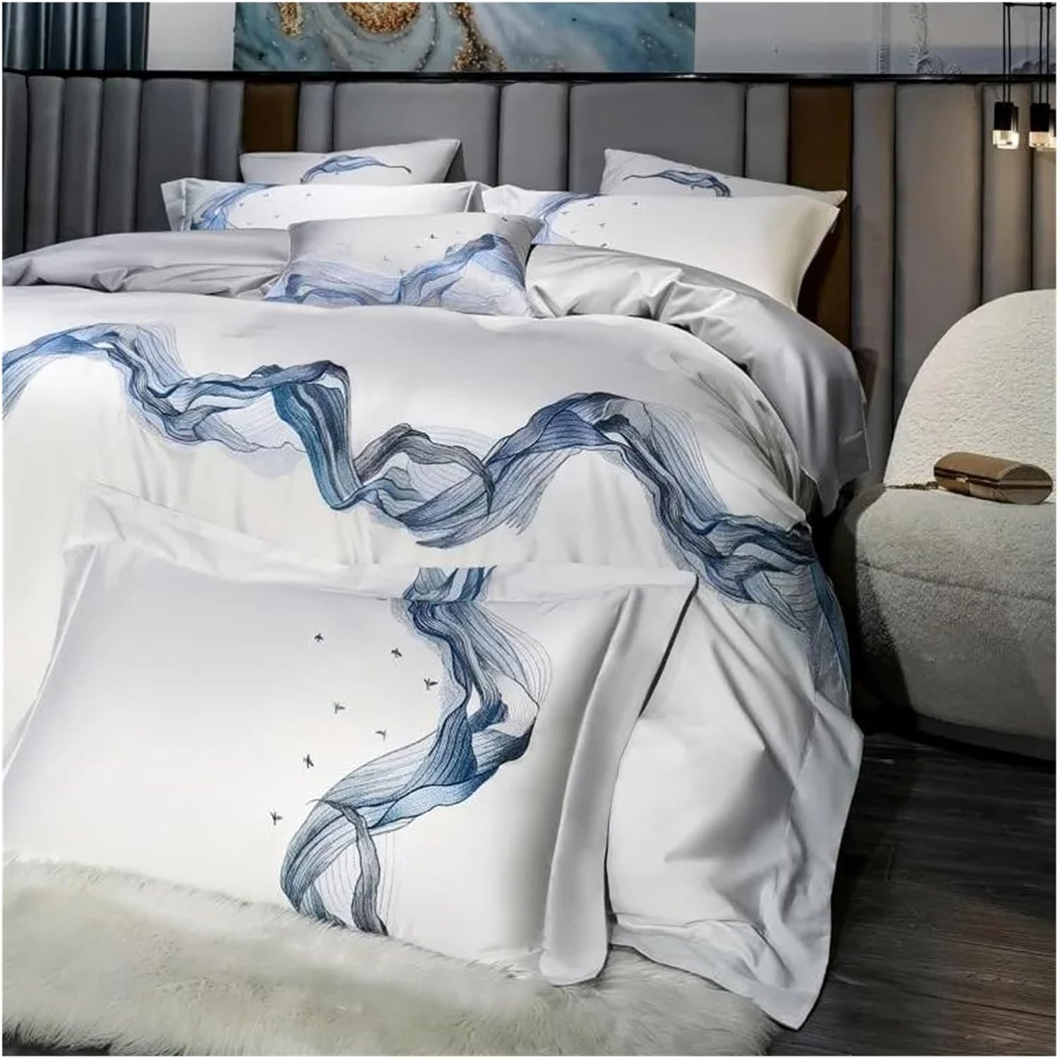 Chic Marble Abstract Emboidery White Gray Duvet Cover Set 4Pcs 1000TC Long Staple Cotton Premium Bedding Bed Sheet Pillowcases,Bed
