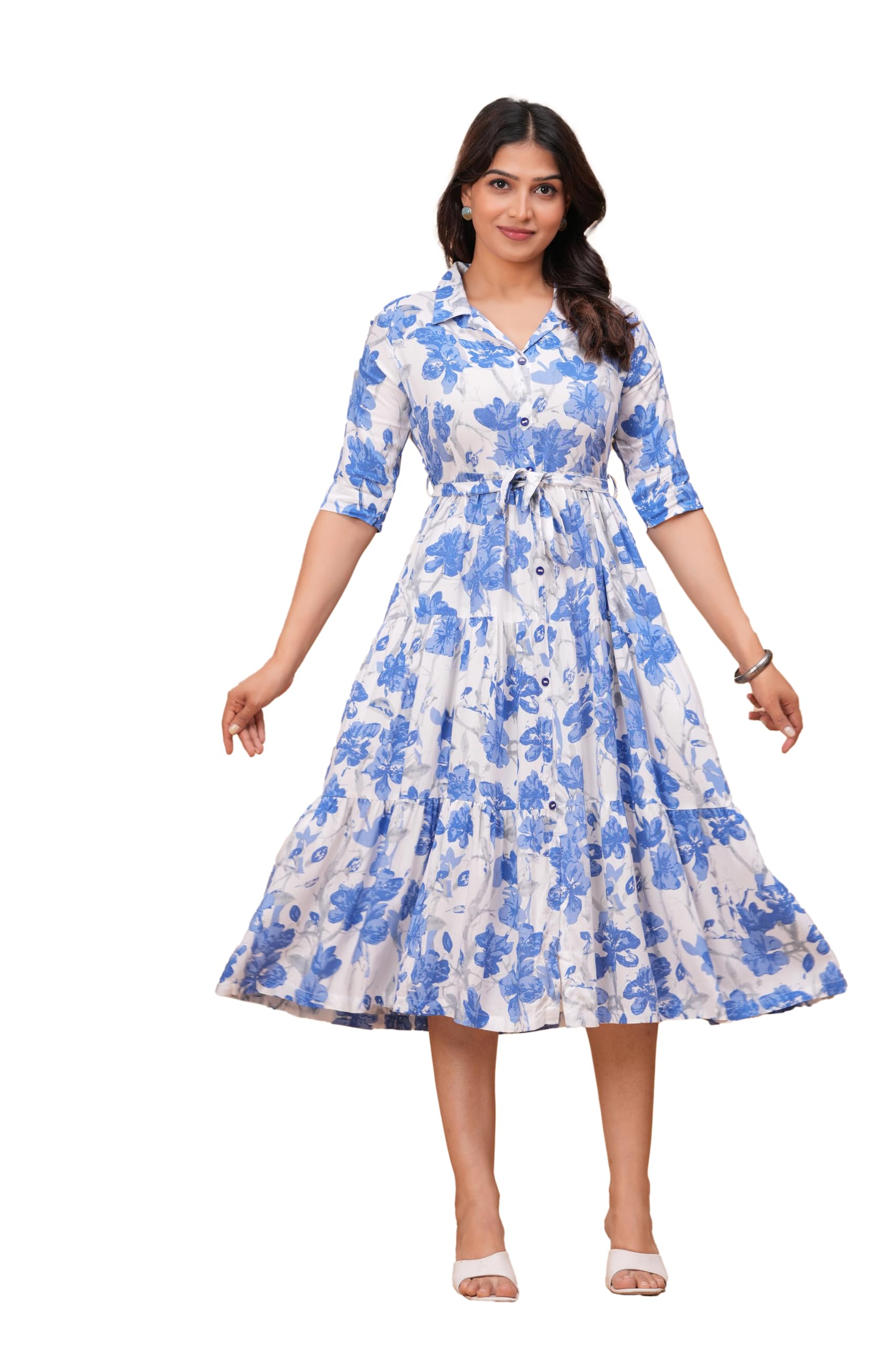 Lee Women's Rayon Printed Flared Dress(DR194Blue) in blue