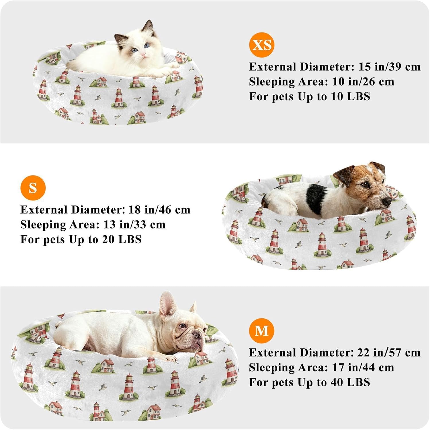 Coastal Lighthouse House White Pattern Dog Bed Round Small Medium Dog Beds Pet Cat Bed Washable Puppy Kitten Beds for Winter Indoor Pets Sleeping,M