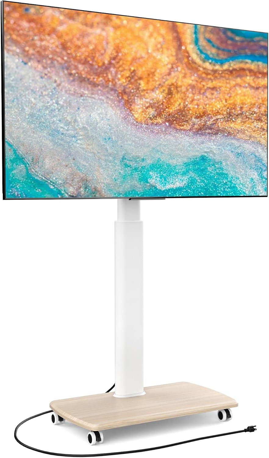 FITUEYES Rolling TV Stand with Power Outlets, Swivel Portable TV Stand for 32-70 Inch LCD LED OLED Flat/Curved Panel Screen TVs, Height Adjustable&Wood Base, Mobile TV Cart Holds up to 88Lbs