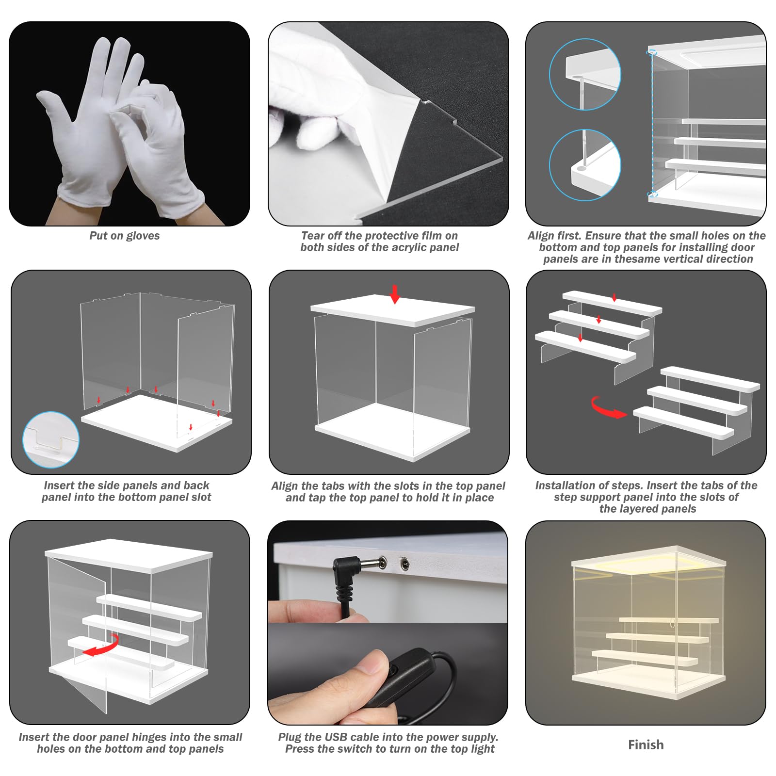 Vetrina Acrilica con Luce LED, 4 Livelli Scatola Vetrina Espositiva per Collezionismo con Porta e Gradini, Antipolvere Teca Plexiglass per Funko Pop, Figure, Modellini, Bianco