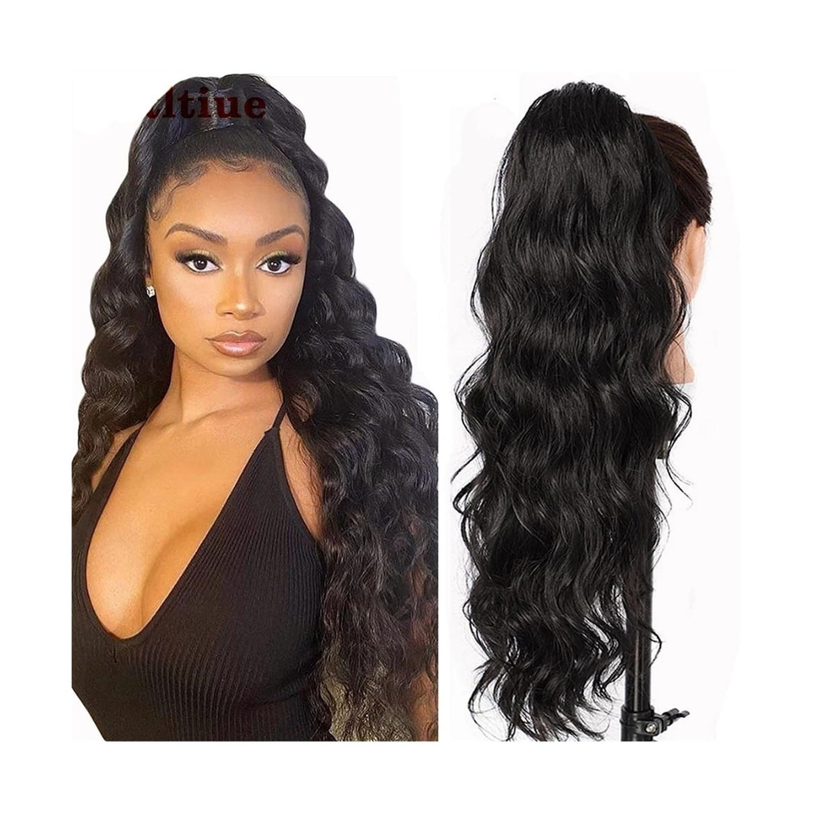 Cola de Caballo Extensiones de cola de caballo con clip de cabello humano brasileño ondulado, extensión de cola de caballo con cordón negro natural for mujeres Chica Postizos de Pelo ( Size : 20inches
