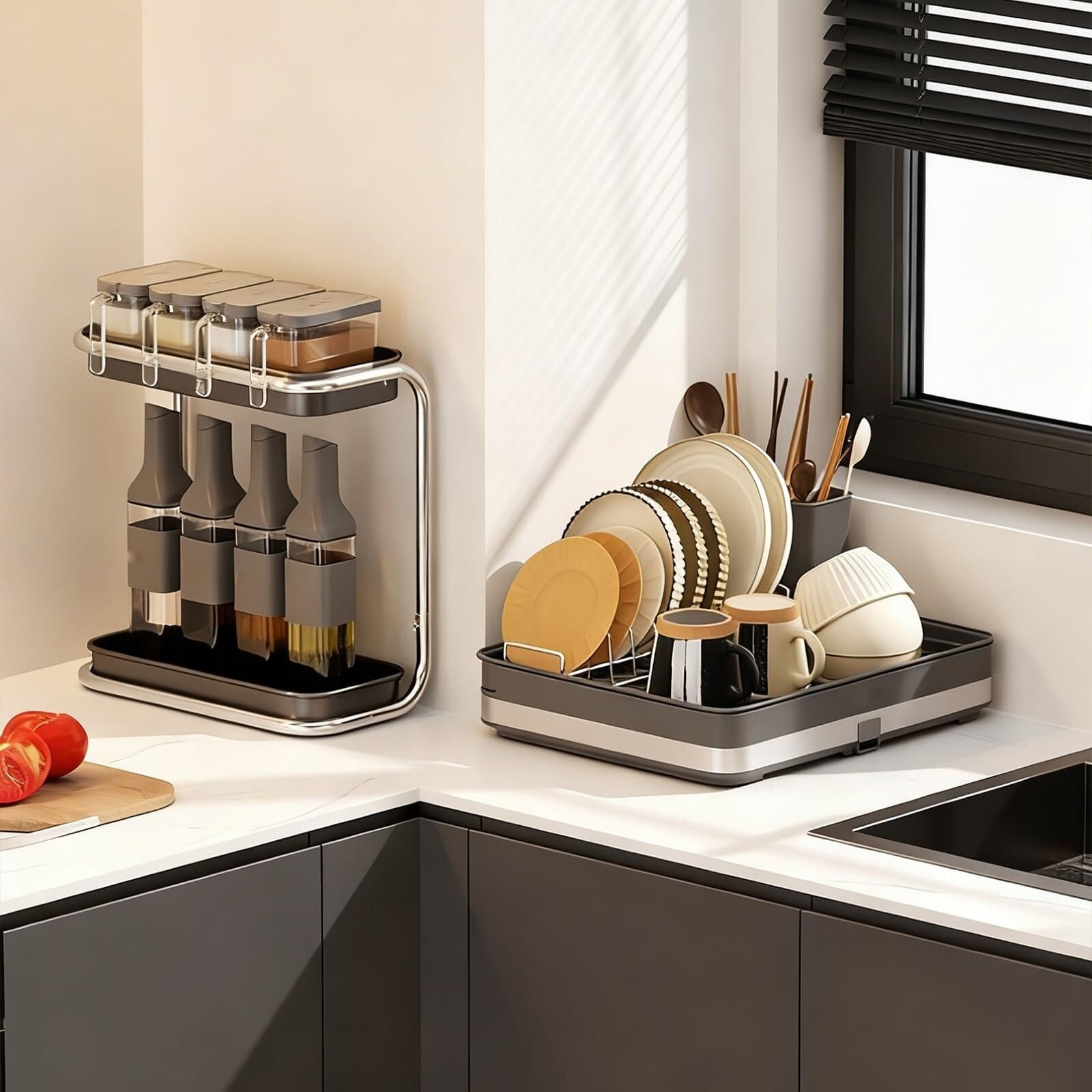 ARUNASC dish racks Dish Drying Rack Dish Drainer with Removable Utensil Holder & Drain Board Space-Saving for Kitchen Countertop drainer(Apricot Ash,B)
