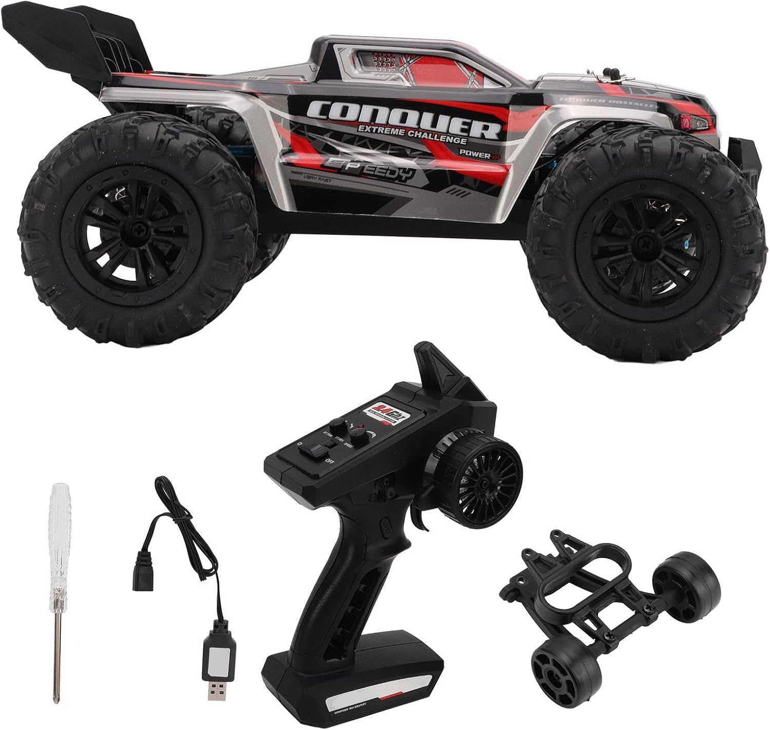 Side view of the EVTSCAN SCY-16102 RC car with its remote control and included accessories.