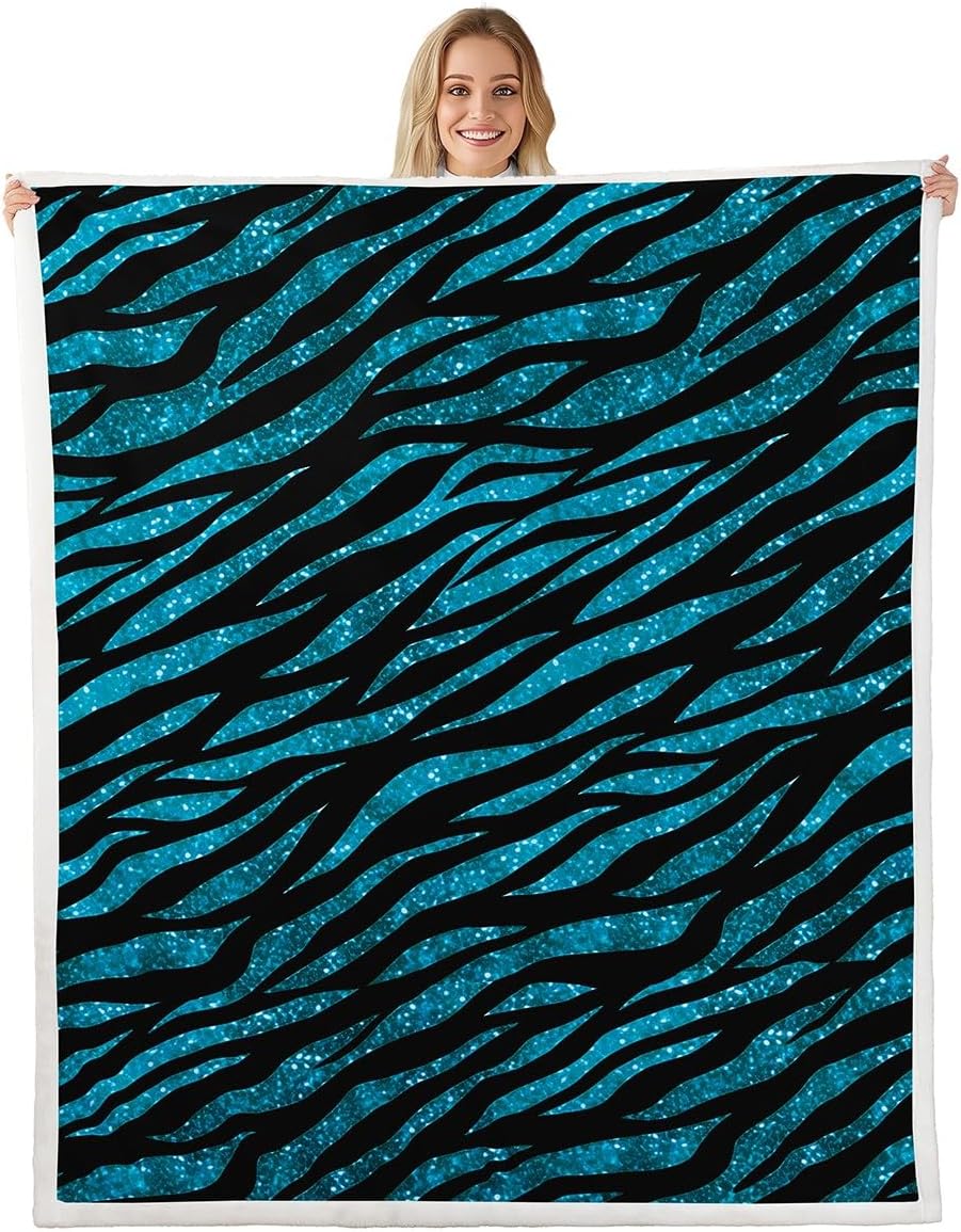 Manfei Teal Glitter Throw Blanket Teal Zebra Print Blanket for Couch Sofa, Wild Animal Print Bed Blanket for Kids Boys Girls Room Decor, Soft and Breathable Fleece Blanket(50 x 60 Inches)
