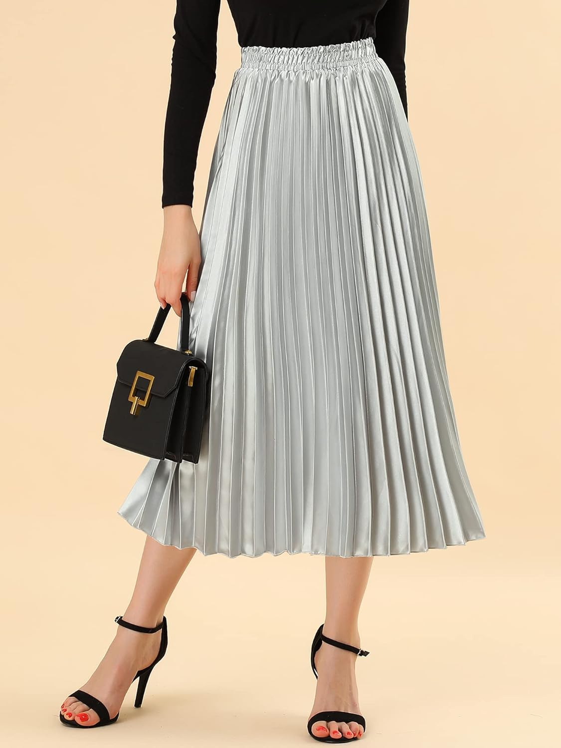 Allegra K Women Pleated Skirt Midi Length Elastic High Waisted A Line Swing Flare Metallic Shirring Party Valentines Skirts