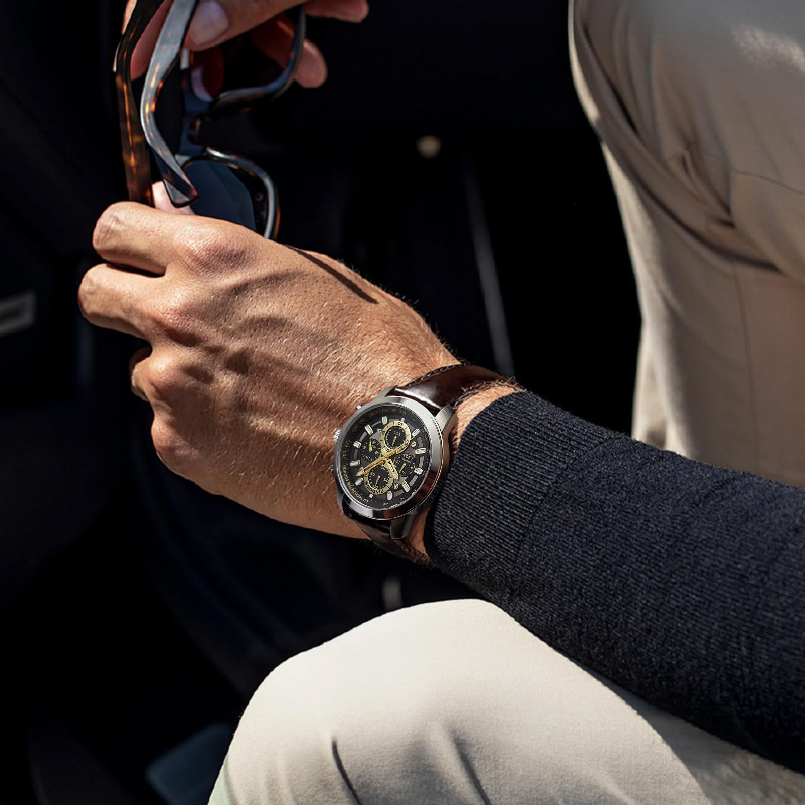 PINDOWS Orologio da uomo analogico al quarzo cronografo impermeabile luminoso orologio da polso con cinturino in pelle nero marrone per abbigliamento business e casual
