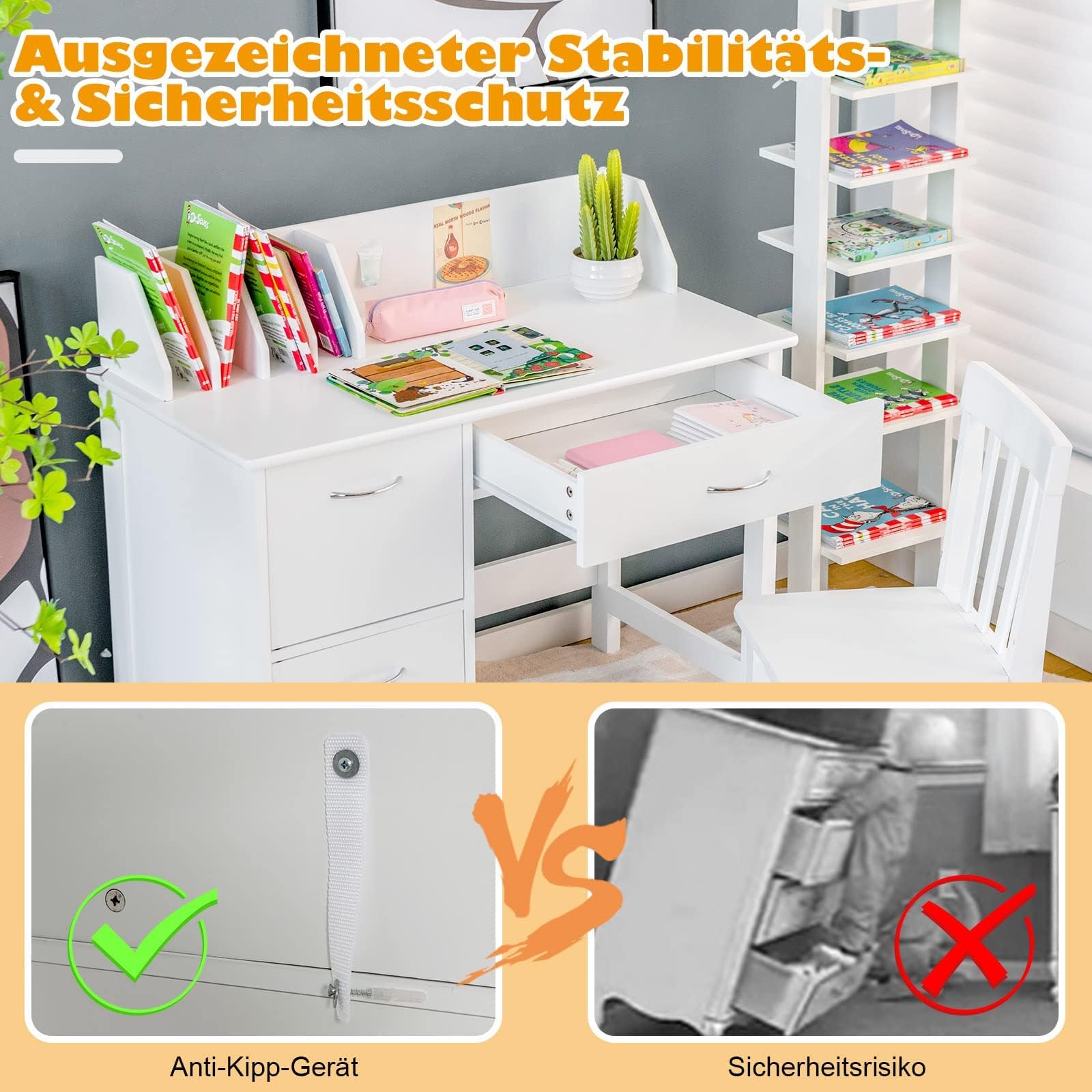 FANTASK Escritorio Infantil de Madera para Estudiantes con Silla, Mesa de Aprendizaje Infantil Multifuncional con Estante, Estante Abierto y Armario de Almacenamiento, Escritorio para niños para
