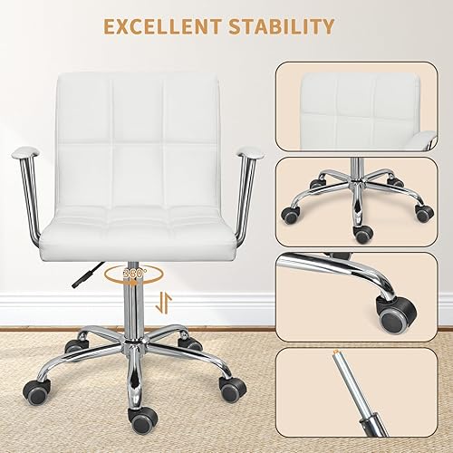 Miniatura 6 de Silla de escritorio de oficina en casa con reposabrazos y ruedas, moderna silla de trabajo de piel sintética con respaldo medio, sillas giratorias