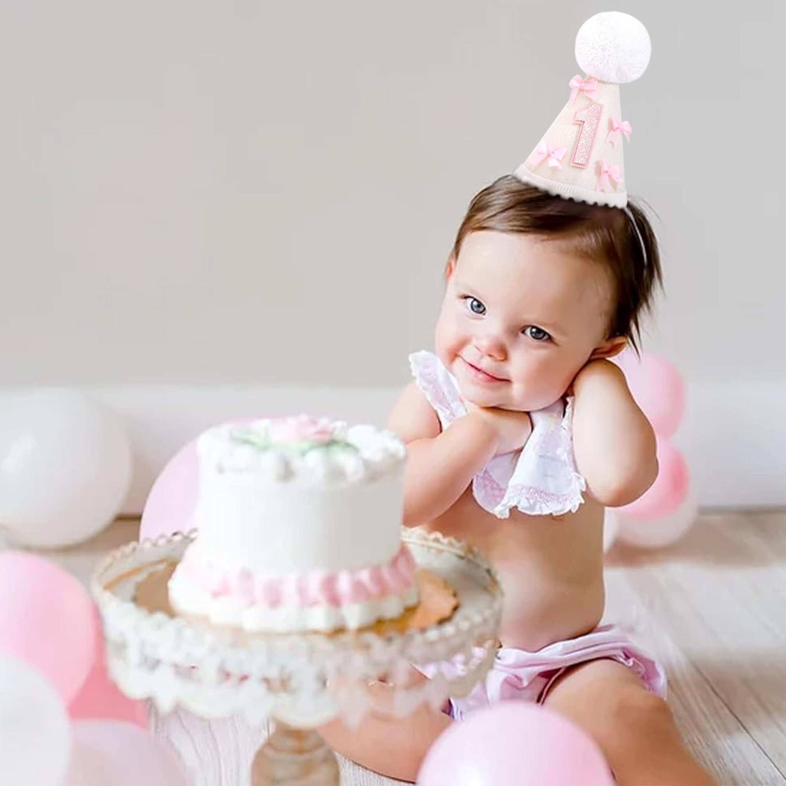 WAWUO Pink 1st Birthday Hat With Bow - Little Princess First Party Decorations, Sweet One Party Photo Props, Pink Sweet Crown Outfit Decoration (Bow First Birthday Hat)