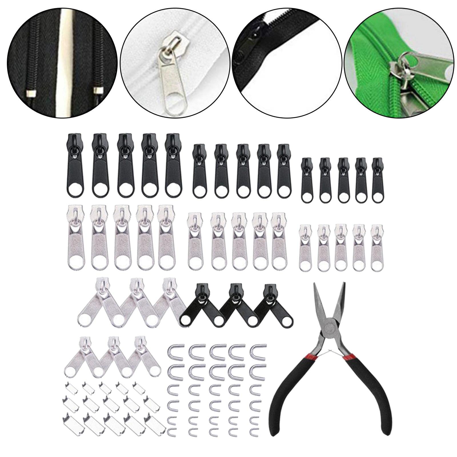Kit de reparación de cremallera con alicates de instalación de cremallera para jeans, chaquetas, mochilas, 85 piezas, 85 piezas
