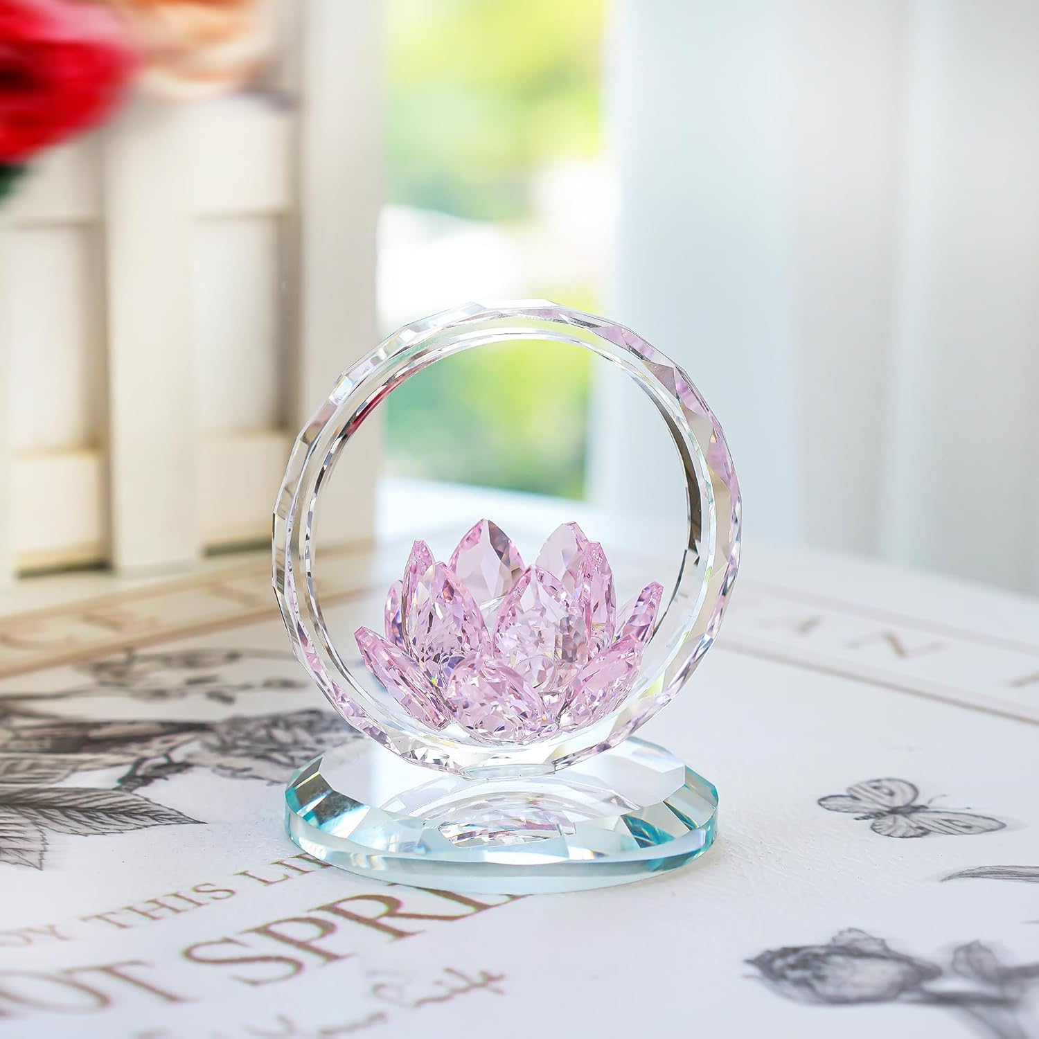 H&D HYALINE & DORA Pink Crystal Lotus Flower Basket Figurine Crystal Lotus Figurine Collectible Glass Flower Basket Ornament for Home Tabletop Centerpiece Decor - Image 2