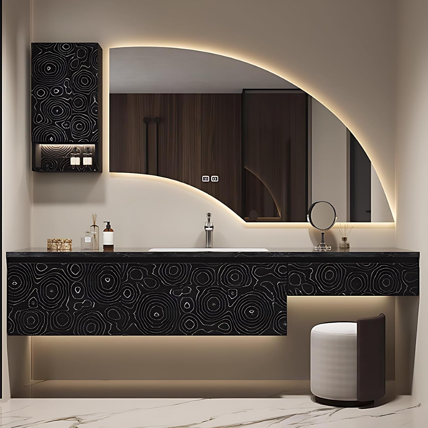 Bathroom Vanity - Modern Bathroom Vanity Set with Seamless Sink & Smart LED Defog Mirror, Anti-Fog Technology & LED Light, Floating Sink with Stool (Black-A,56IN)