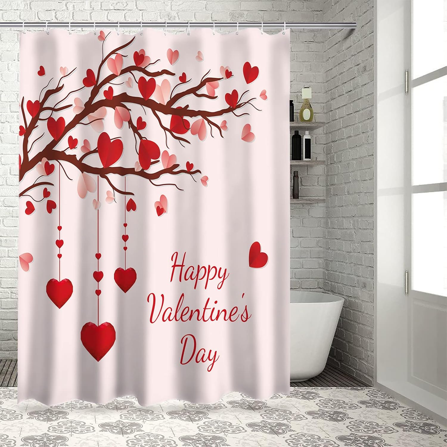 BestLives Valentines Shower Curtains Happy Valentine's Day Waterproof Bath Curtain Love Heart Tree Branch Bathroom Curtain with Hooks Polyester Fabric Home Decoration 72x84inch