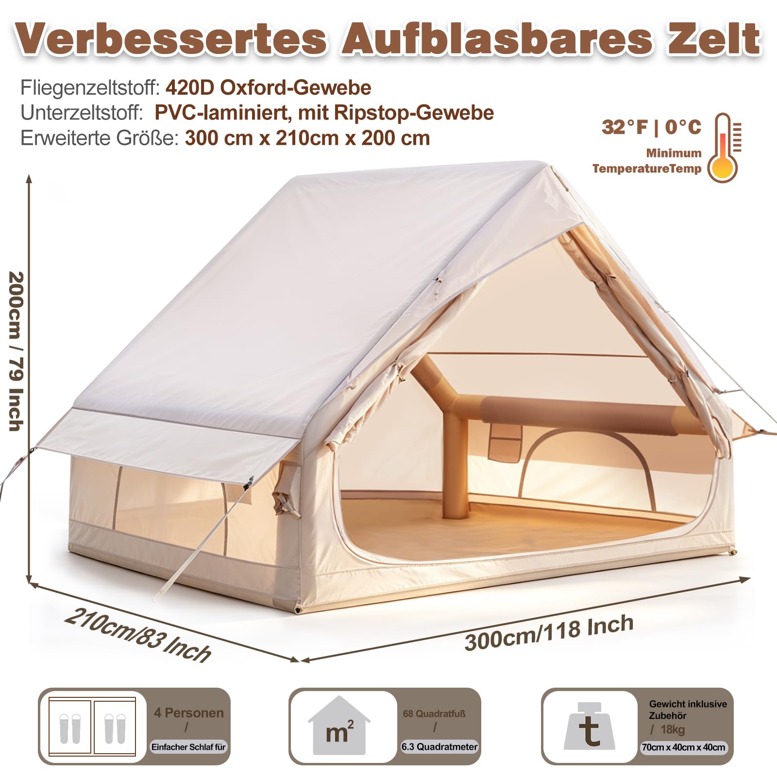 Aufblasbares Campingzelt mit Kaminöffnung & Dachfenster, für 2-10 Personen, wasserdichter Oxford-Stoff, Luftpumpe