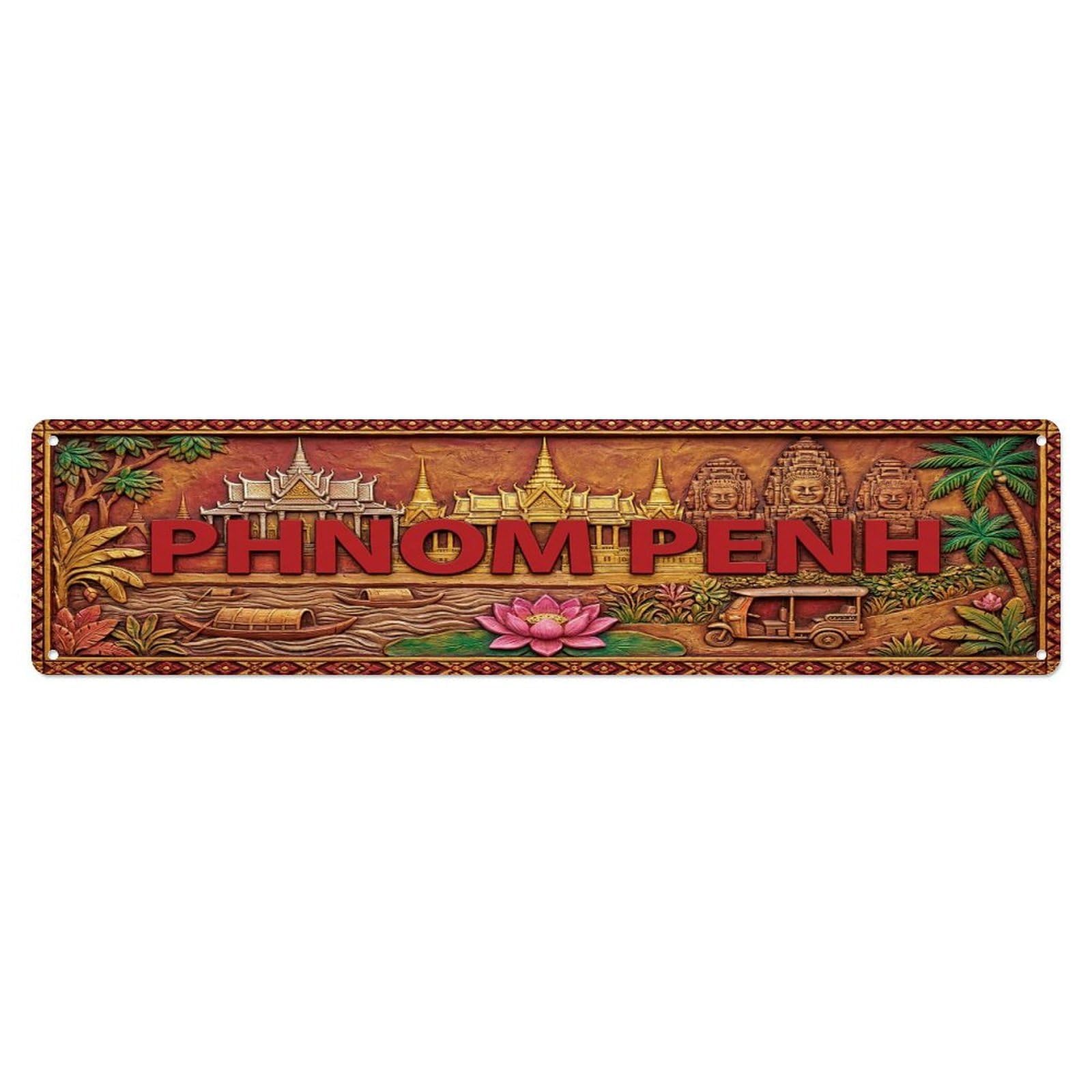 Cwbufd Vintage Style Vintage Phnom Penh Cambodia Flag Pattern Vintage Metal Tin Sign Plaque Wall Decor For Cafe, Club Bar, Office, Garden Metal Poster 4X16inch
