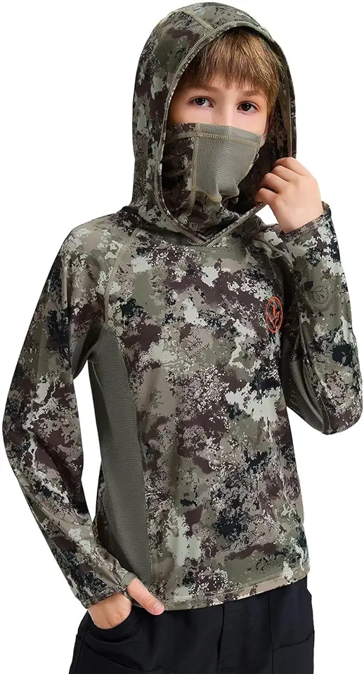 BASSDASH Youth UPF 50+ Camo Hunting Hoodie Shirt with Neck Gaiter Quick Dry Long Sleeve Hooded Tee for Fishing Hiking FS02Y Global Recycled Standard