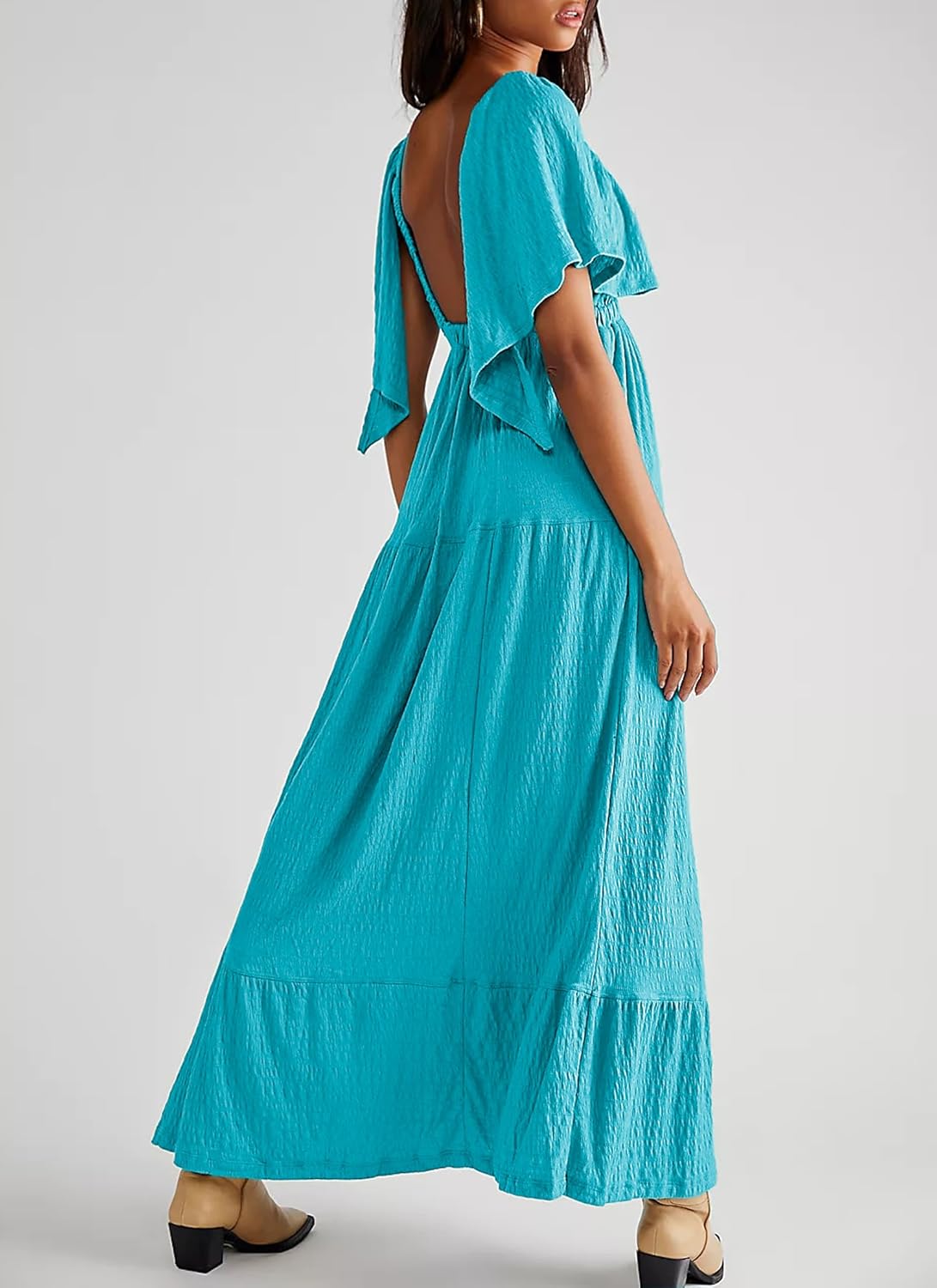 Kikibell Women Summer Dresses Sexy V-Neck Maxi Dress Tiered Silhouette with Flutter Sleeve Backless Elastic Waist Flowy Dress - Image 5