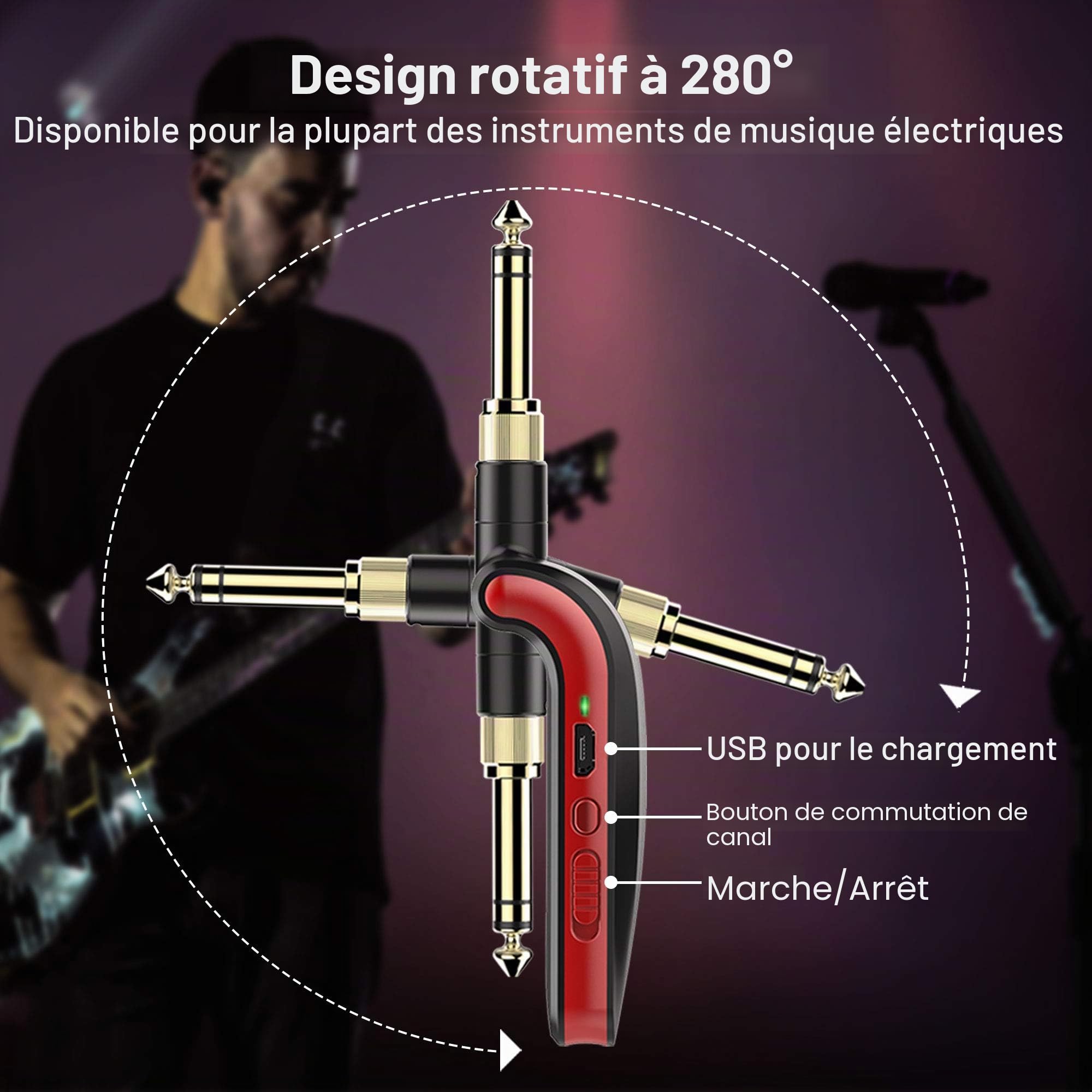 LEKATO Système de guitare sans fil Émetteur et récepteur de guitare stéréo sans fil 1/4"et 1/8" Fiches 2 en 1 6 canaux 2,4 GHz Rechargeable pour guitare électrique, basse, clavier