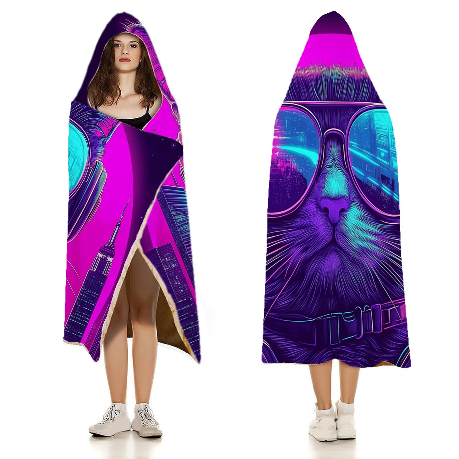 Animali Dei Cartoni Animati Coperta con Cappuccio di Flanella, Morbido Durevole e Caldo Gatto Al Neon Peluche Matrimoniale Coperte Copriletti per Letto Divano 130 × 150 cm