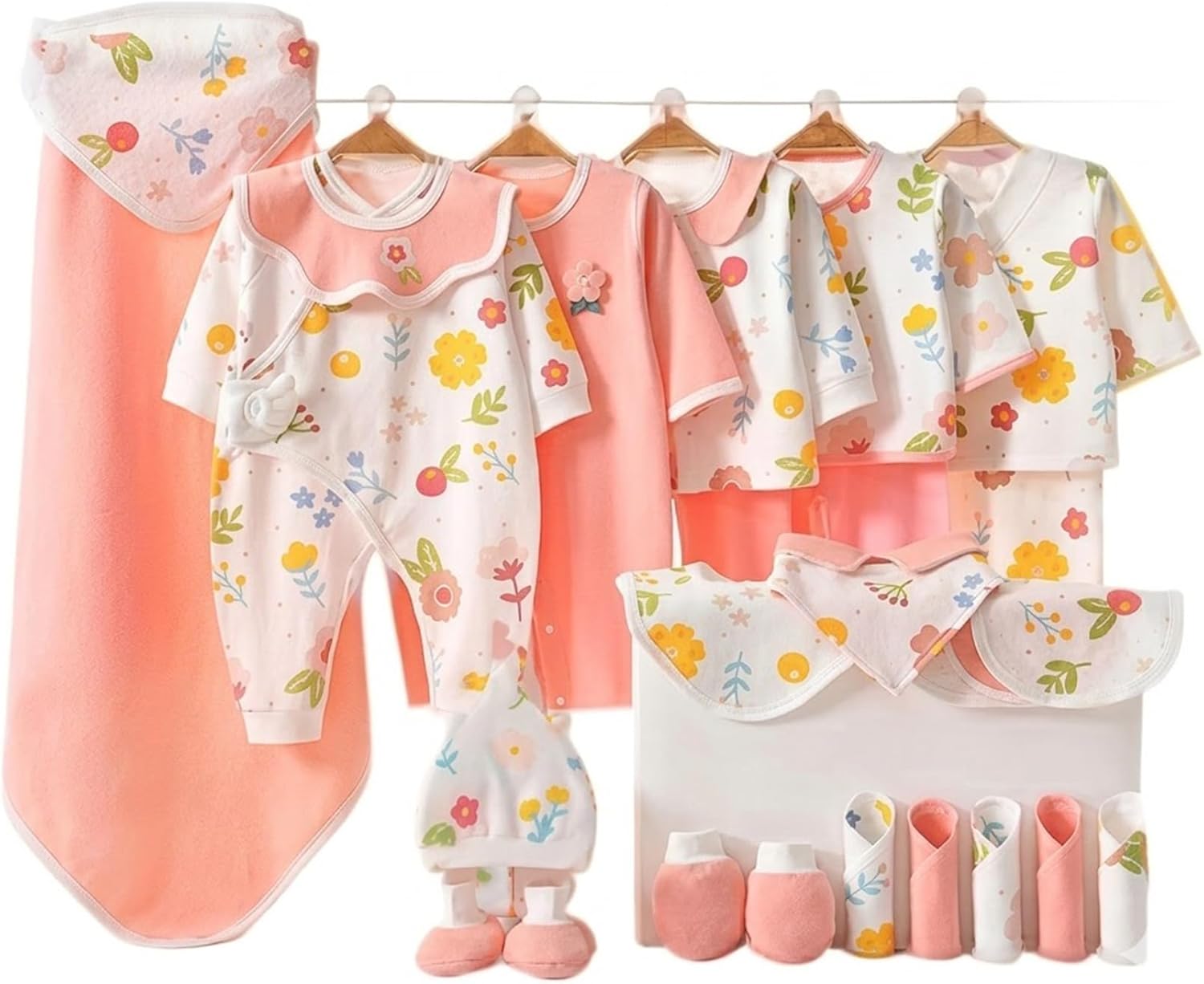 Newborn Baby Girl Clothes Essentials Set (27Pcs) - Soft Cotton Infant Layette Bundle with Bodysuits, Hats, Mittens