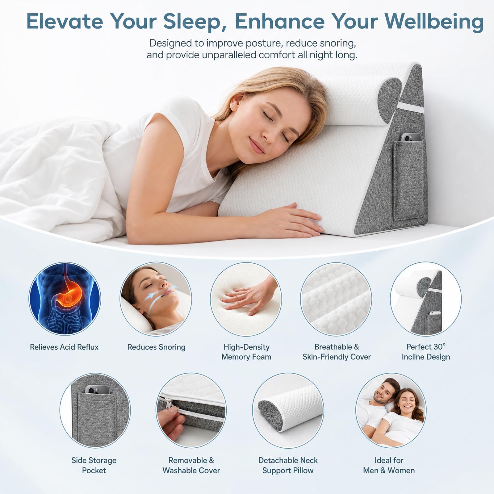 Cuscino inclinabile con angolazione regolabile,3-in-1 multifunzionale per letto e schiena, Cuscino triangolare ortopedico in memory foam