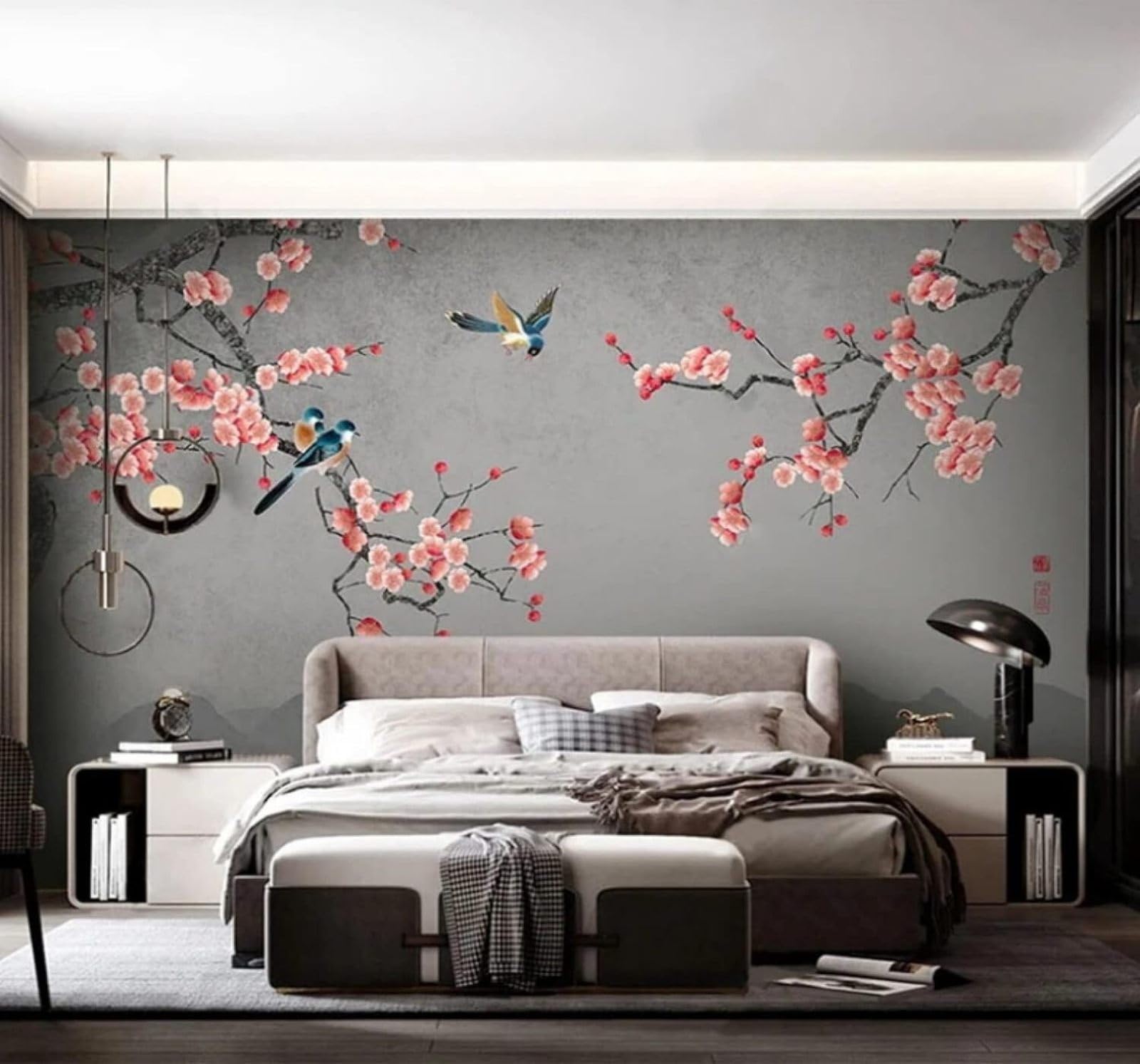 XLMING Hand Drawn Plum Blossoms Birds in Flight Mountain Peaks Scenery 3D Wallpaper Luxury Silk Study Dining Feature Sofa Grey Bedroom Living Room Tv Decorative Wall-350cm×256cm