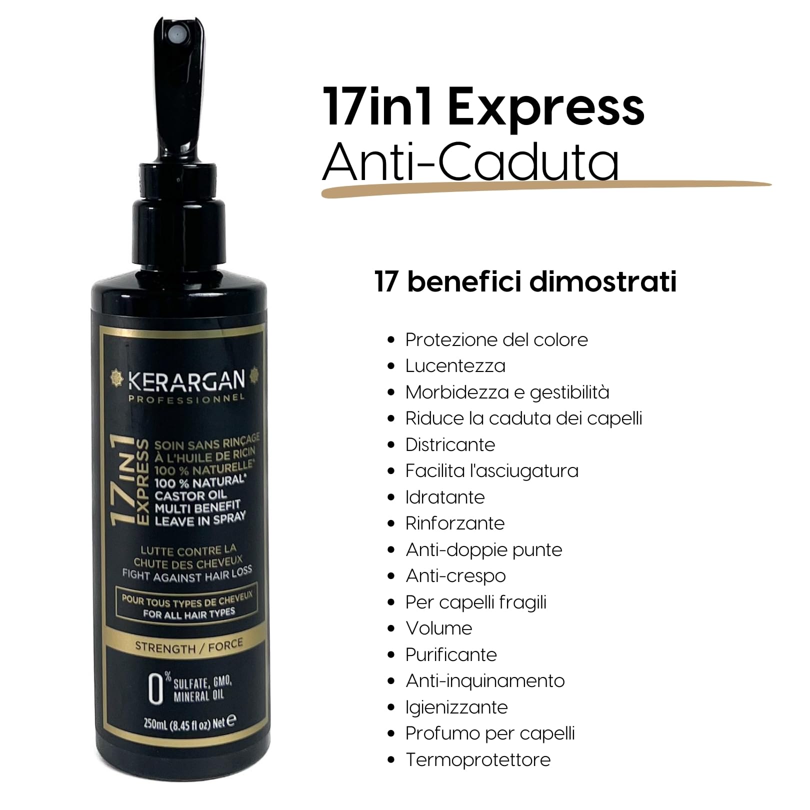 Kerargan - Lozione Tonica con Olio di Ricino Anti-Caduta per Capelli Fortificati - Idratante, Districante, Volume e Anti-Crespo - Senza Solfati, OGM né Oli Minerali - 250ml