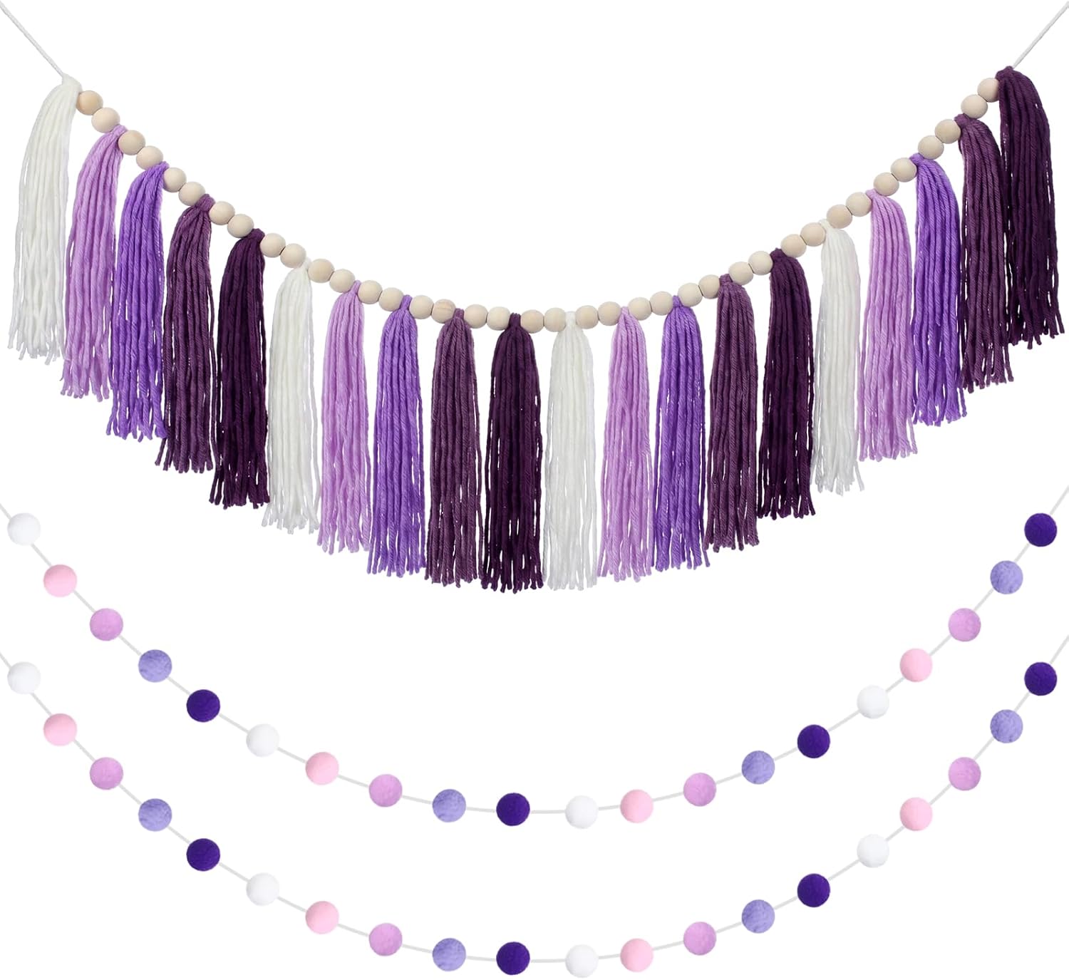 Hahafelt 3 Pcs Lavender Purple Tassel Pom Pom Garland Classroom | Fabric Tassels and Felt Ball Garlands Set, Boho Hanging Decor for Walls Doors, Back to School Classroom, Birthday Party