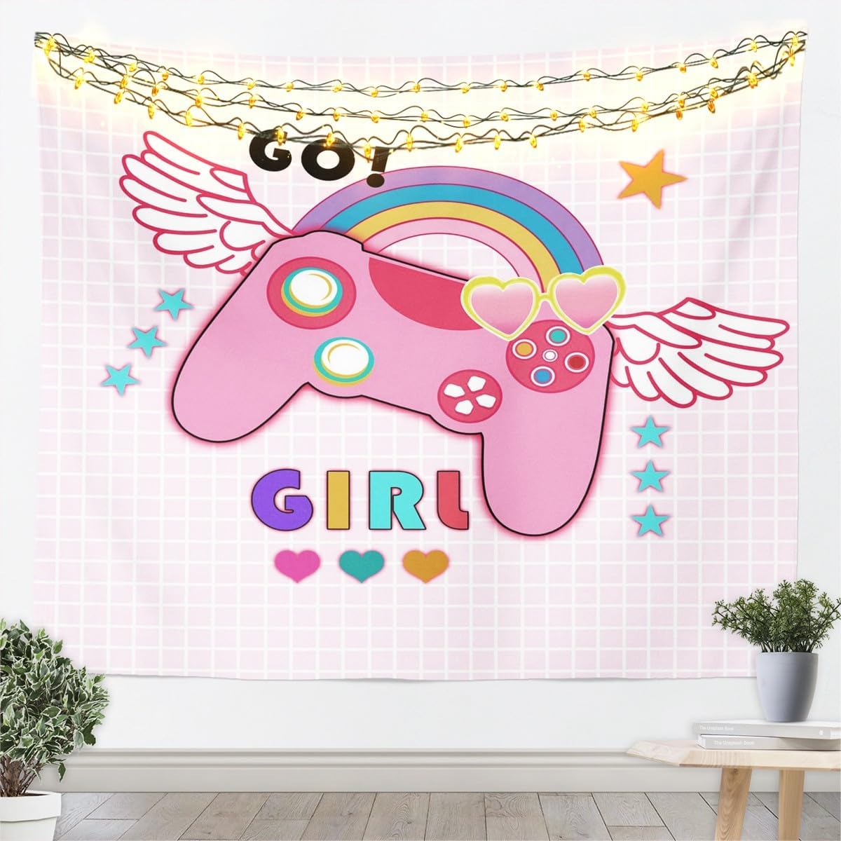 Girls Gamepad Tapestry,Video Games Wall Hanging Art,Kawaii Rainbow Wings Gaming Board Wall Blanket for Kids Teens Gamer Living Room Decor,Pink Grid Stars Love Artistic Tapestries,70.9x92.5