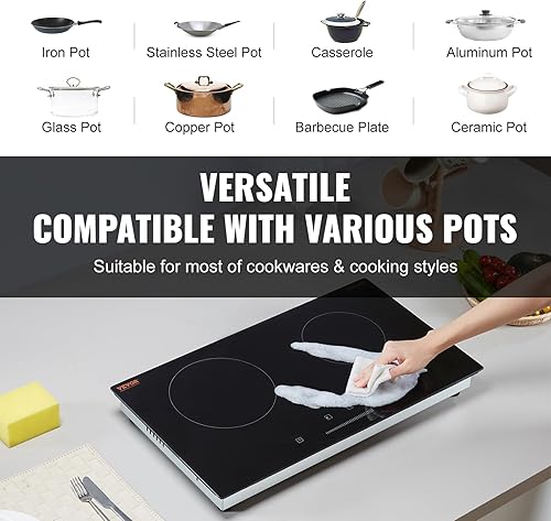 Miniatura 4 de VEVOR Estufa eléctrica radiante, 24 pulgadas, 2 quemadores, estufa eléctrica integrada, placa de cerámica de 1800 W con panel de vidrio, control