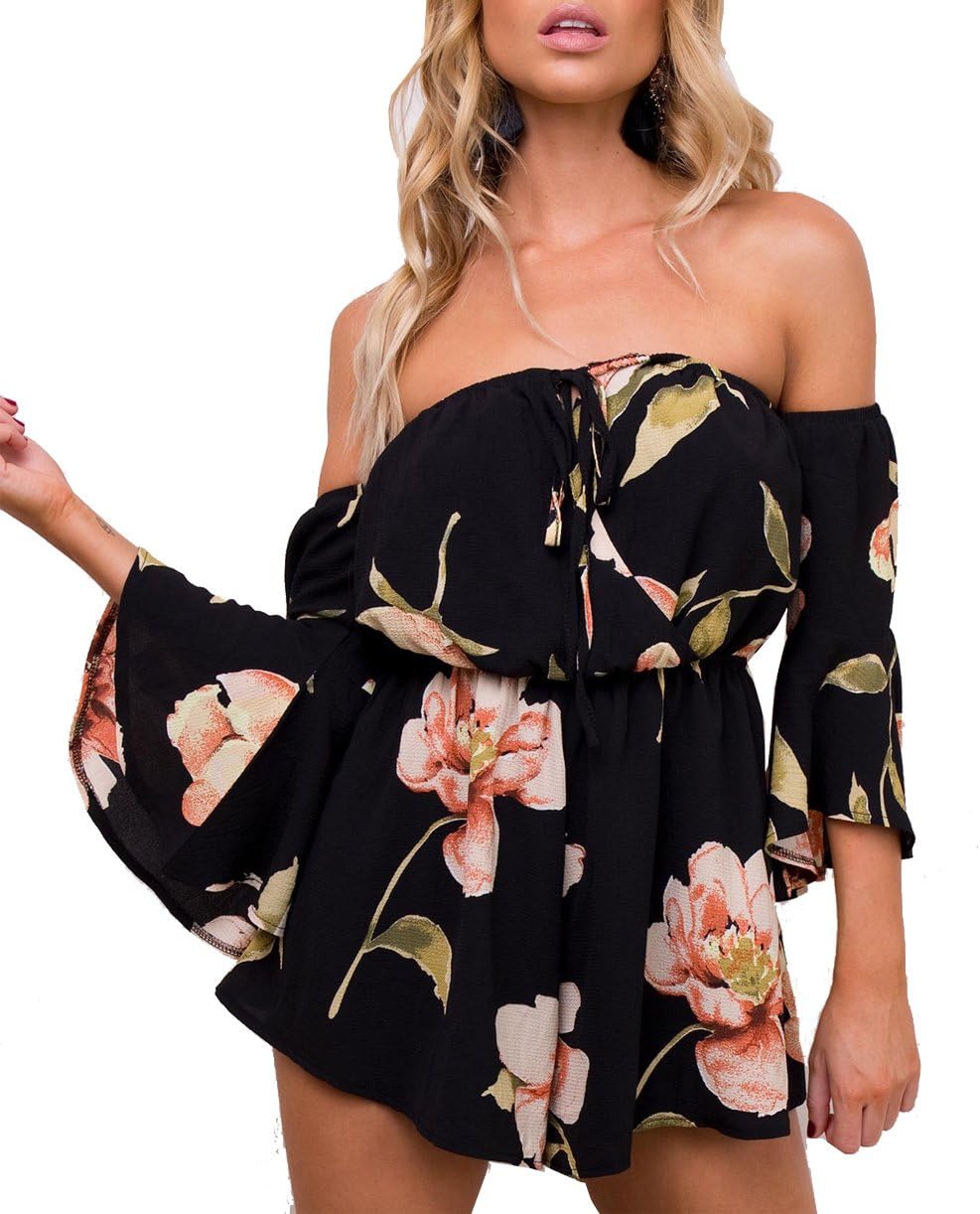 Relipop Women's Summer Floral Off shoulder 3/4 Flared Sleeve Romper Jumpsuit