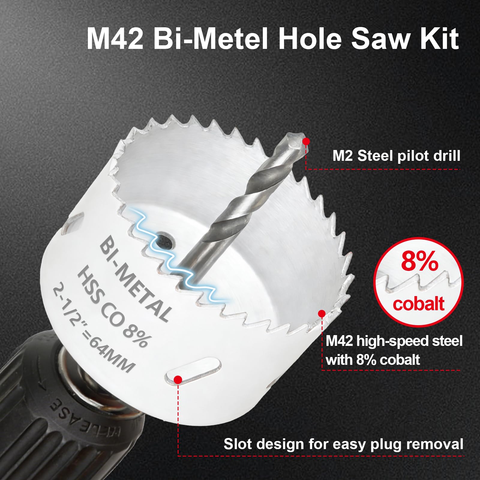 Greywolf Juego de 15 sierras perforadoras bimetálicas, M42 8% cobalto HSS con 9 hojas de sierra perforadora de 3/10.2 cm-2-1/5.1 cm (19-64mm), caja con eje, broca, llave hexagonal, para metal, madera
