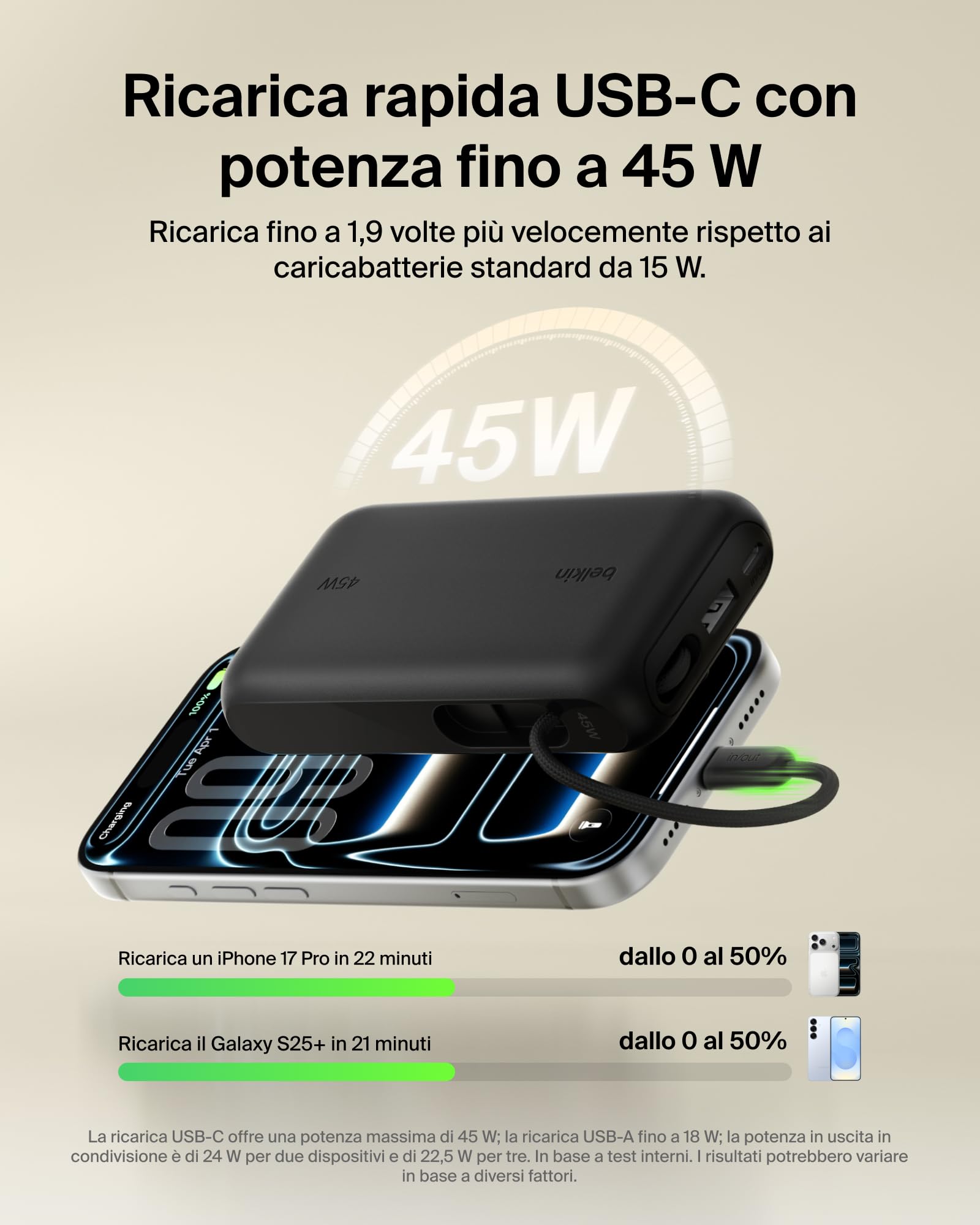 Belkin UltraCharge Power Bank 10000mAh con Cavo USB-C e Display - Nero | Caricatore Portatile 10000mAh, Ricarica 3 dispositivi (1 USB-C, Cavo USB-C Integrato, 1 USB-A), 45W, Pre-Caricato, Display