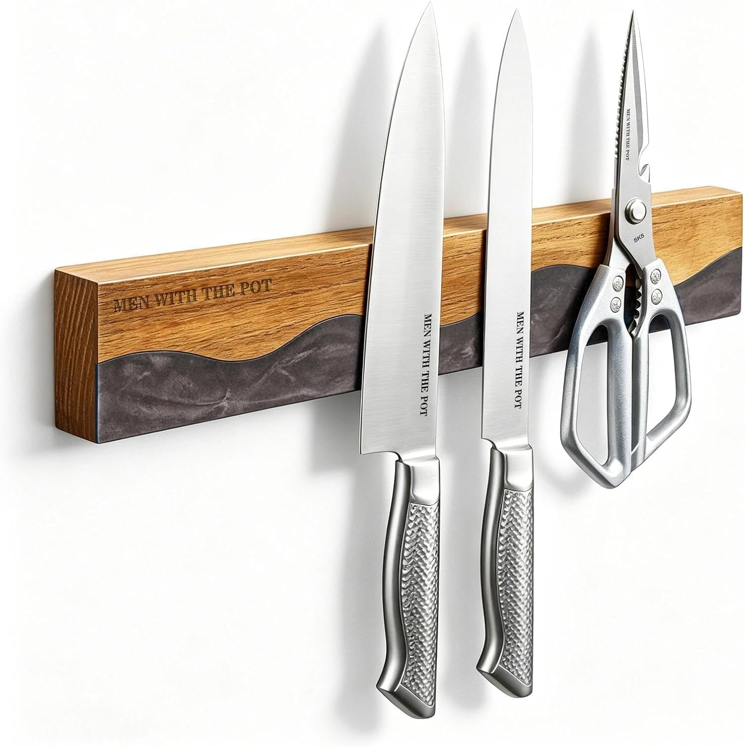 MEN WITH THE POT Magnetic Knife Strips, 16 Inch Magnetic Knife Holder for Fridge Wall, Acacia Wood & Black Resin Knife Magnetic Strip Use as Knife Bar, Knife Holder for Kitchen Utensil Organizer