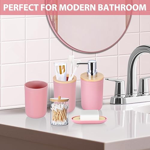 Miniatura 7 de iMucci Juego de accesorios de baño de 5 piezas de plástico para decoración de baño, soporte para cepillos de dientes, vaso para cepillos de dientes,