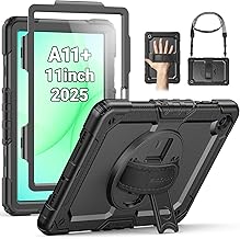 SEYMAC Case for Samsung Galaxy Tab A11+ Plus 11 inch (2025) / Tab A9+ Plus 11 inch (2023), Anti-Shock Case with Screen Protector, 360° Rotating Stand, Shoulder Strap, Pen Holder, Black