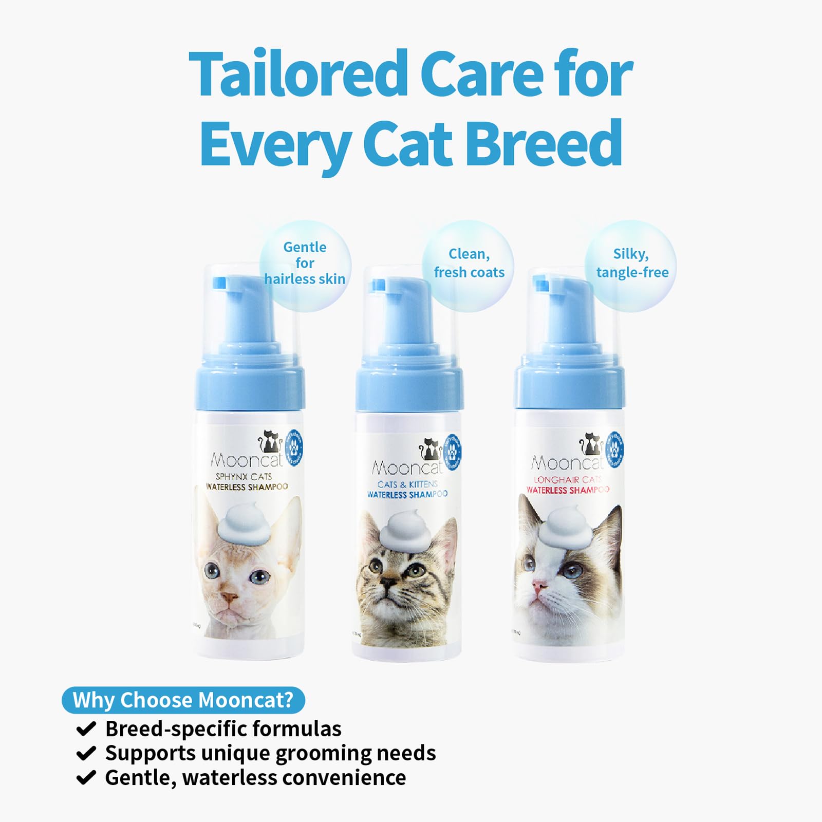 Mooncat Waterless Cat Shampoo, 100% Licking Safe & Vet Approved No Rinse Dry Bath Foam - Gentle Deodorizer for Short Haired Cats, Seniors & Kittens - Soothes Sensitive Skin, Reduces Dander & Odor