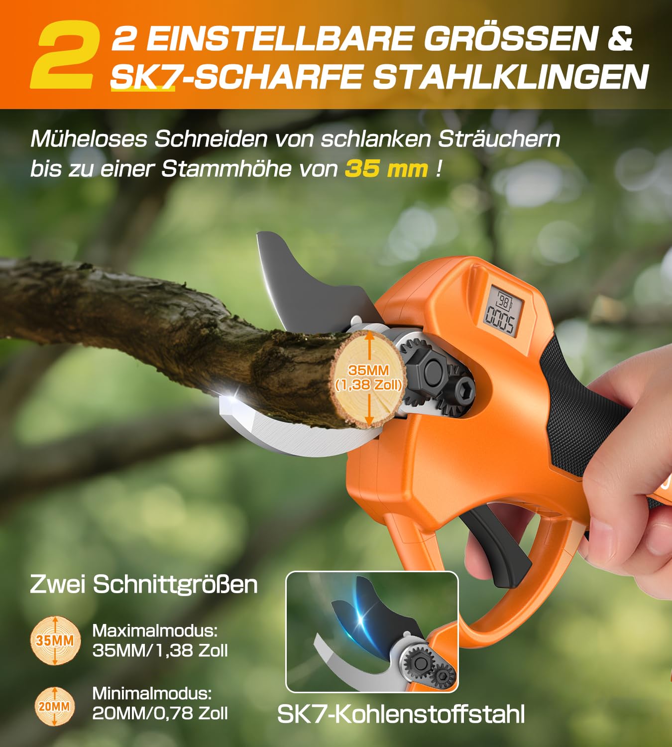 Akku Astschere,35 mm Elektrische Gartenschere für Makita mit LCD-Display&SK7 Klingen,1000W Bürstenloser Motor,Akku Gartenschere mit 2000 mAh * 2 Wiederaufladbaren Batterien für Gartenbaumscherenzweige
