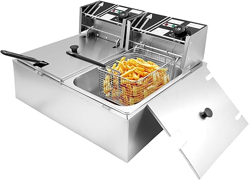 Freidora eléctrica comercial con cestas y tapas de 12.7 cuartos de galón  12 L, freidora comercial de acero inoxidable, máquina de freír cocina de