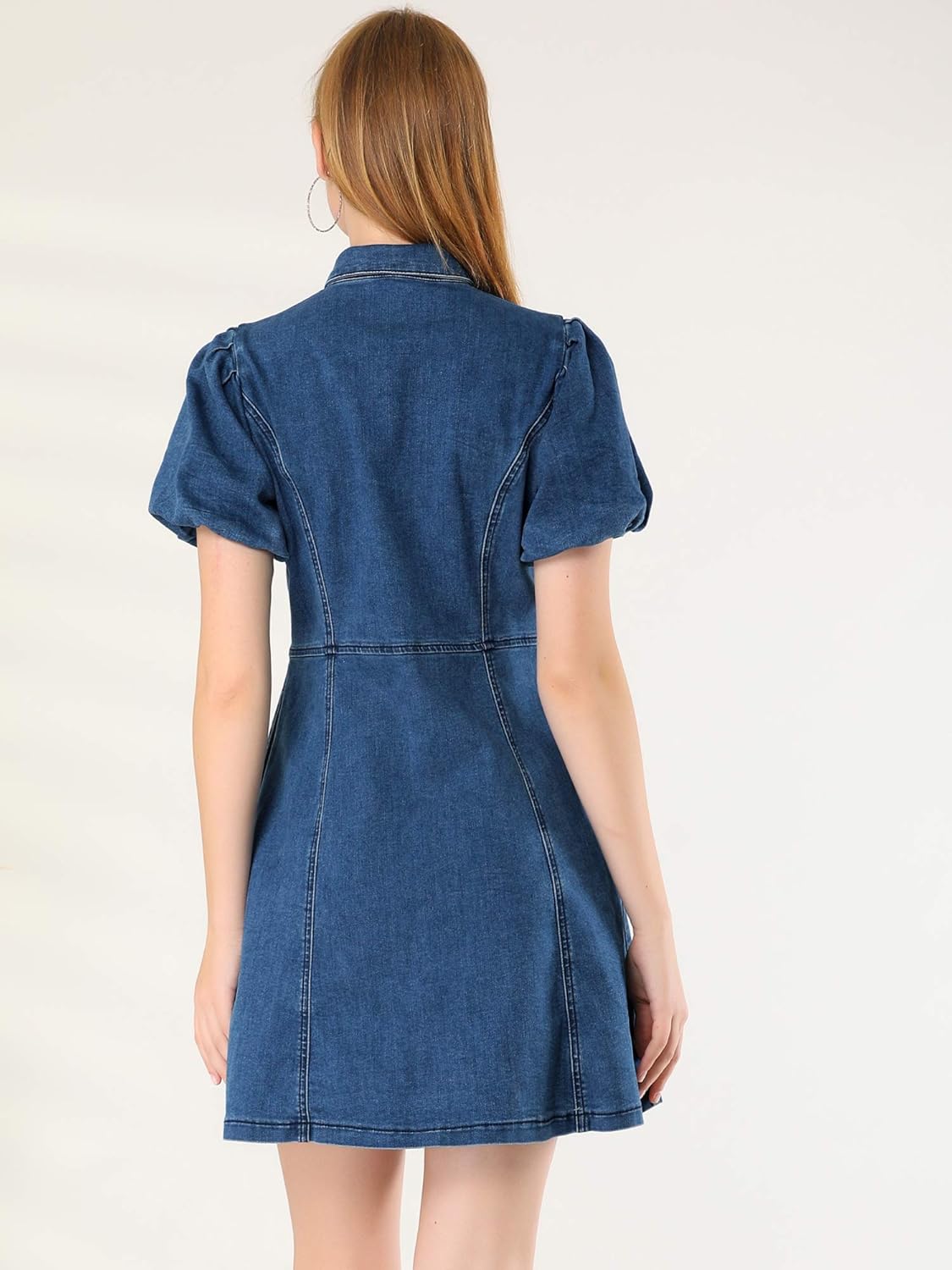 Allegra K Women's Denim Dress Button Down Pockets Puff Sleeve Collared Jean Dresses - Image 5